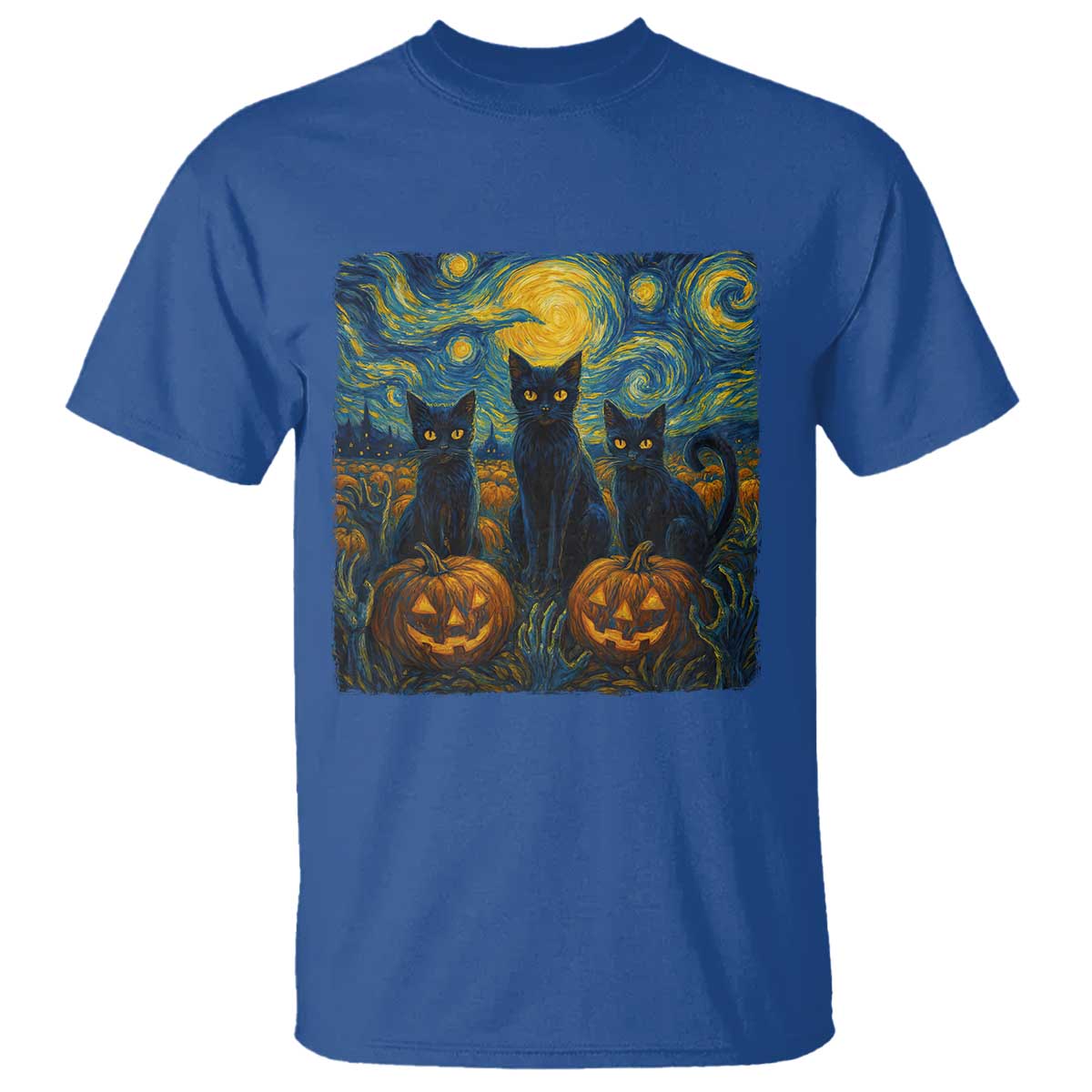 Cat Starry Night T Shirt Funny Cat Lover Gifts Halloween Van Gogh TS10 Royal Blue Print Your Wear