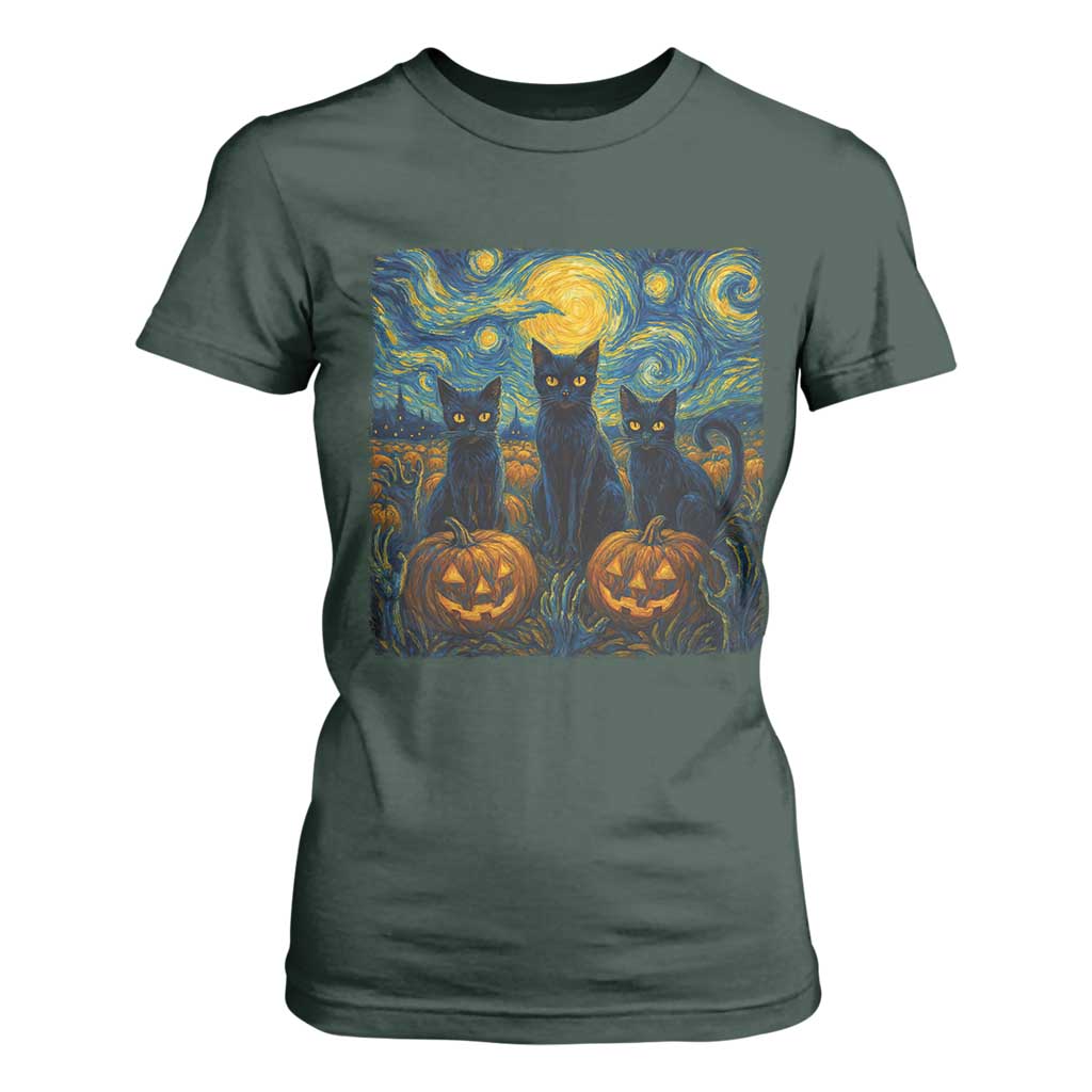 Cat Starry Night T Shirt For Women Funny Cat Lover Gifts Halloween Van Gogh TS10 Dark Forest Green Print Your Wear