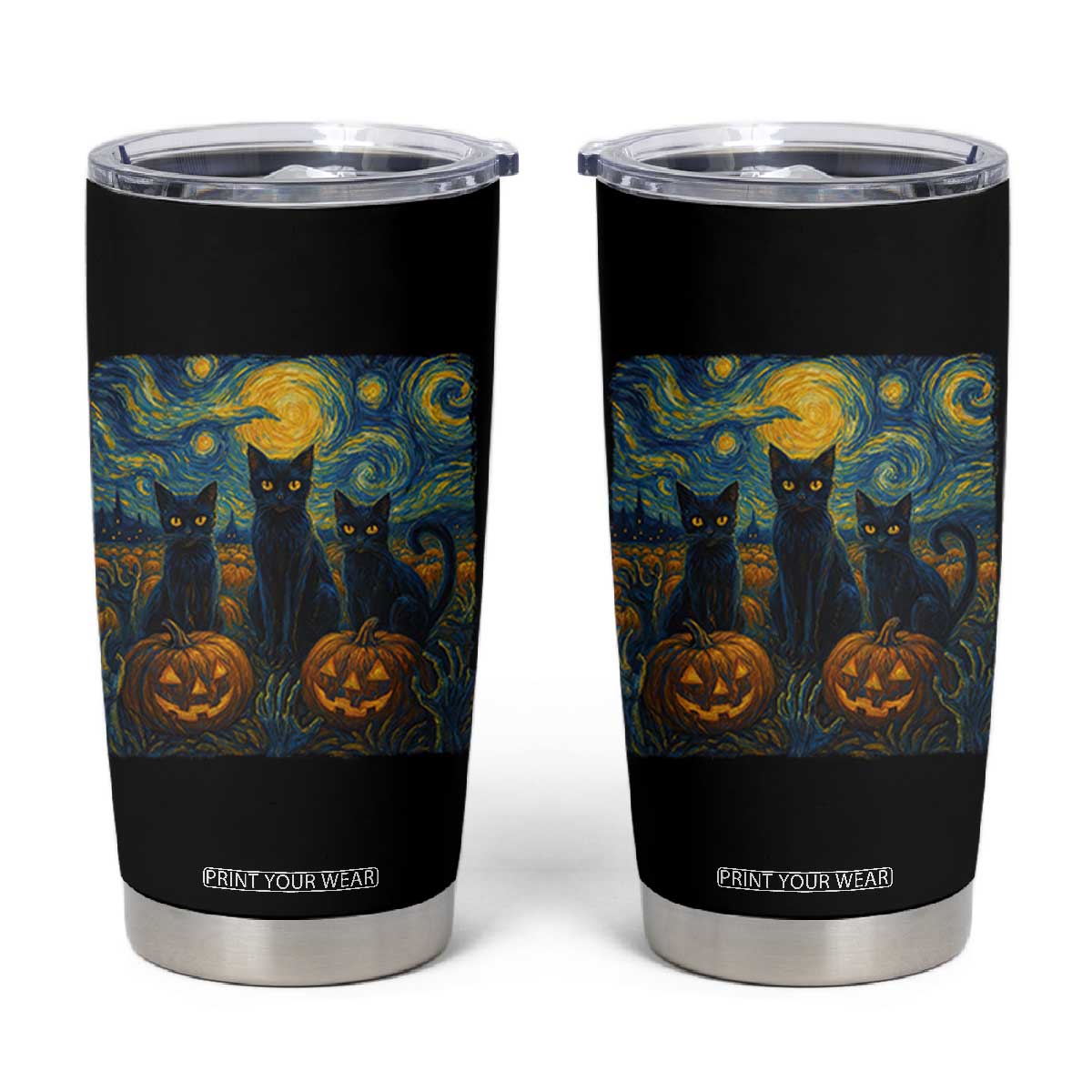 Cat Starry Night Tumbler Cup Funny Cat Lover Gifts Halloween Van Gogh TS10 Black Print Your Wear