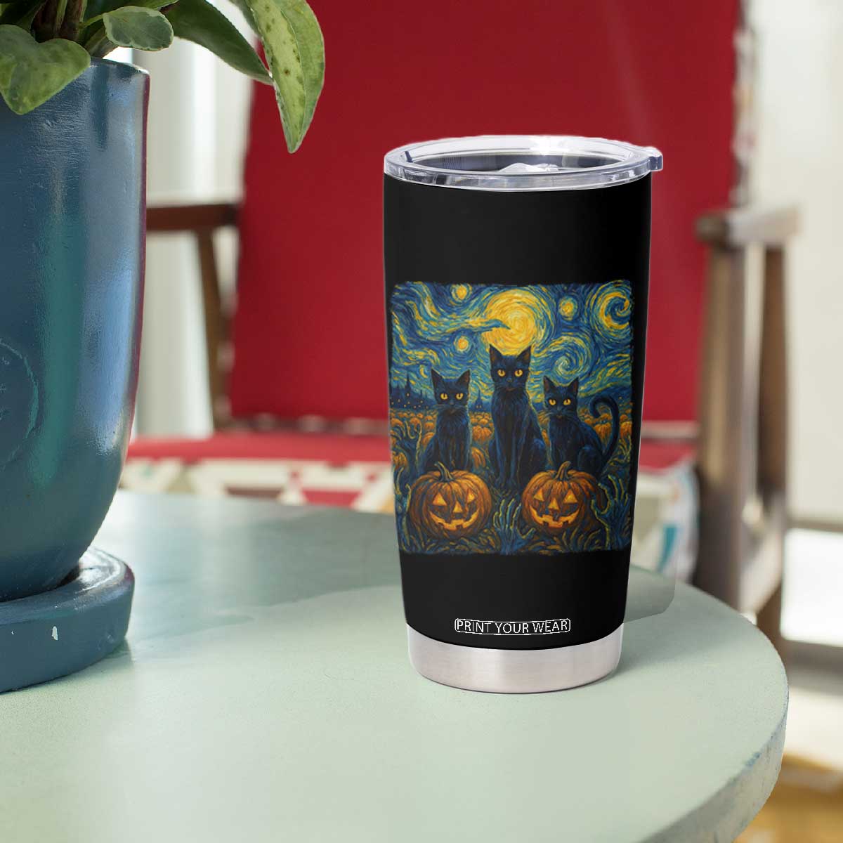 Cat Starry Night Tumbler Cup Funny Cat Lover Gifts Halloween Van Gogh TS10 Print Your Wear