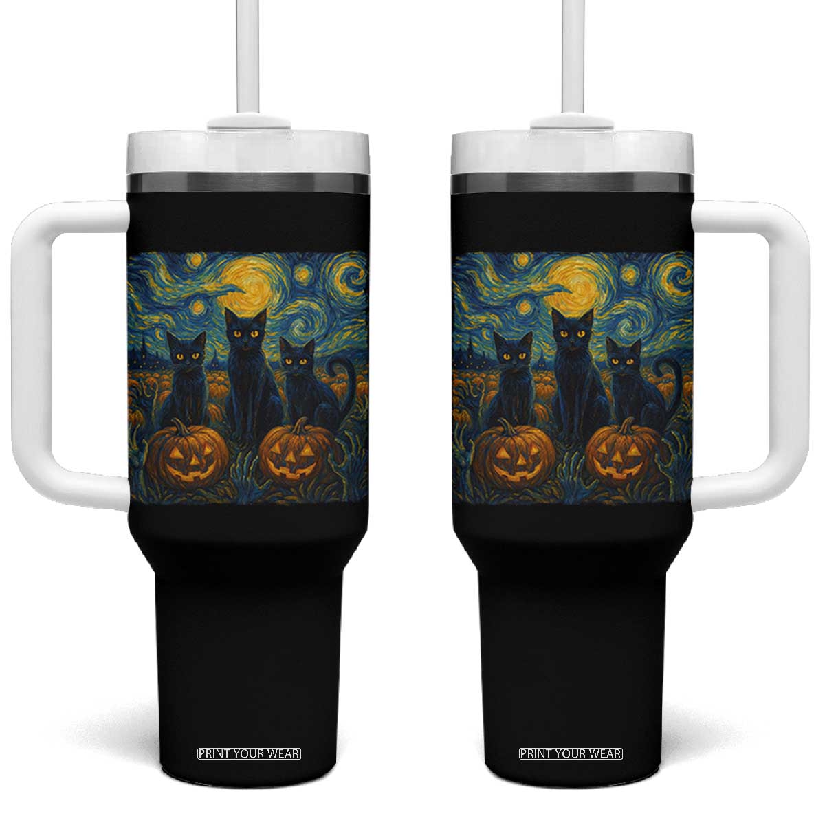 Cat Starry Night Tumbler With Handle Funny Cat Lover Gifts Halloween Van Gogh TS10 One Size: 40 oz Black Print Your Wear
