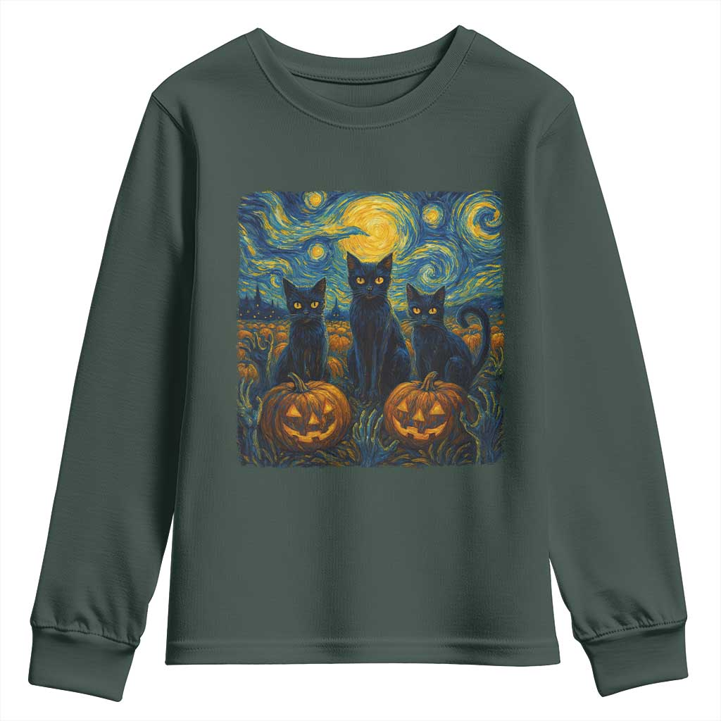 Cat Starry Night Youth Sweatshirt Funny Cat Lover Gifts Halloween Van Gogh TS10 Dark Forest Green Print Your Wear