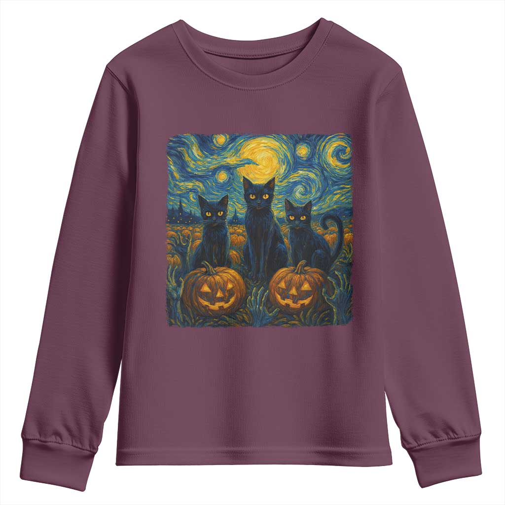 Cat Starry Night Youth Sweatshirt Funny Cat Lover Gifts Halloween Van Gogh TS10 Maroon Print Your Wear