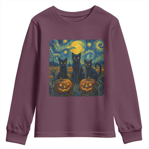 Cat Starry Night Youth Sweatshirt Funny Cat Lover Gifts Halloween Van Gogh TS10 Maroon Print Your Wear