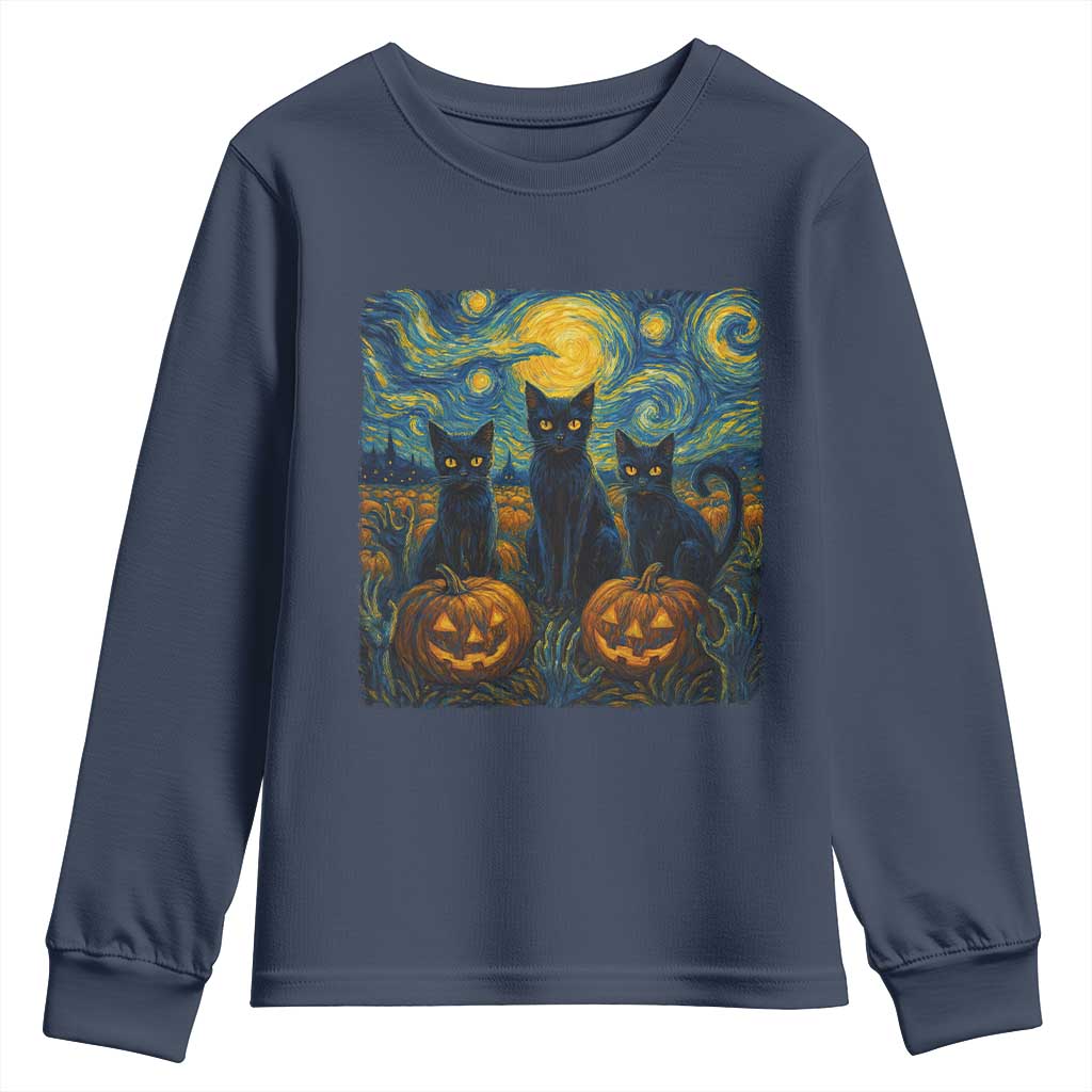 Cat Starry Night Youth Sweatshirt Funny Cat Lover Gifts Halloween Van Gogh TS10 Navy Print Your Wear