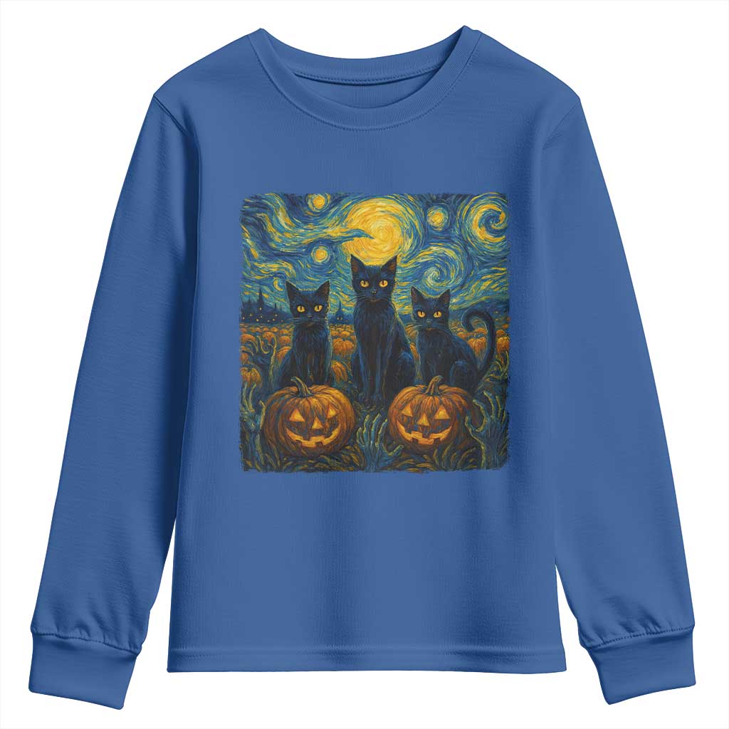 Cat Starry Night Youth Sweatshirt Funny Cat Lover Gifts Halloween Van Gogh TS10 Royal Blue Print Your Wear