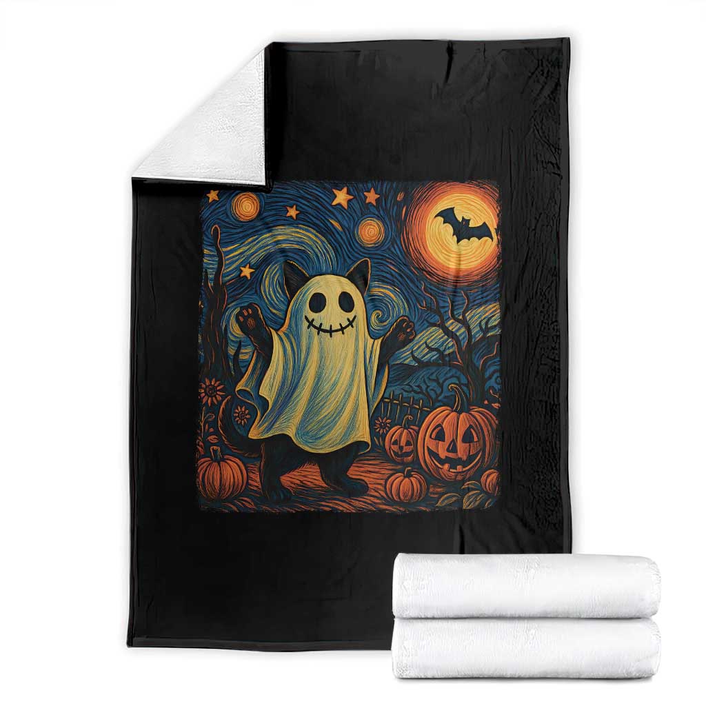 Funny Halloween Ghost Cat Throw Blanket Starry Night Van Gogh Cat Lover Gifts TS10 Black Print Your Wear