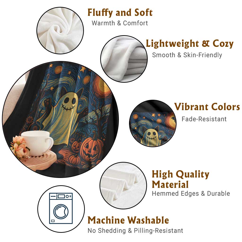 Funny Halloween Ghost Cat Throw Blanket Starry Night Van Gogh Cat Lover Gifts TS10 Print Your Wear