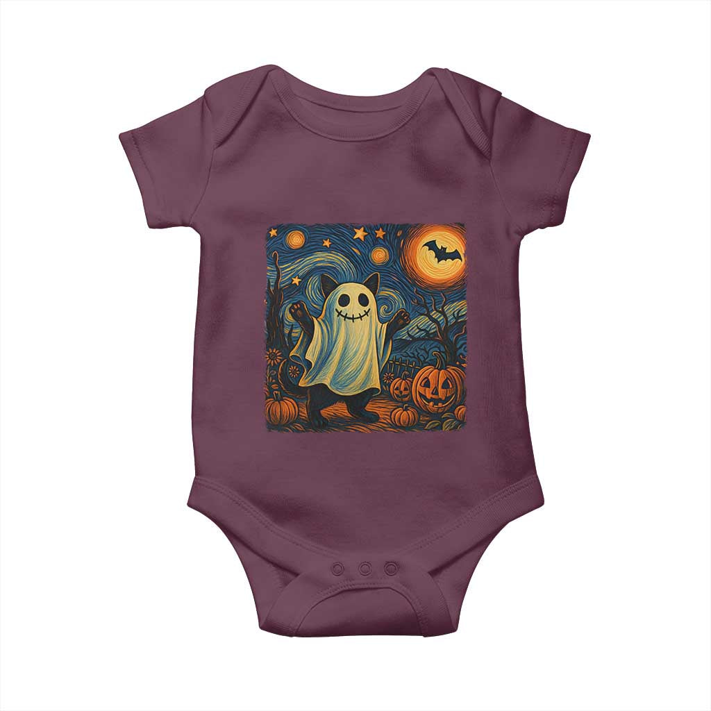 Funny Halloween Ghost Cat Baby Onesie Starry Night Van Gogh Cat Lover Gifts TS10 Maroon Print Your Wear