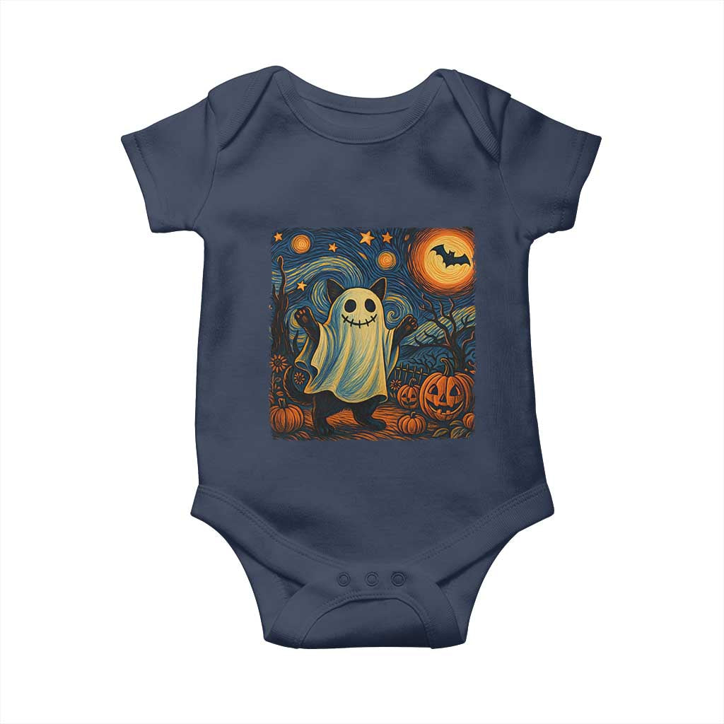 Funny Halloween Ghost Cat Baby Onesie Starry Night Van Gogh Cat Lover Gifts TS10 Navy Print Your Wear