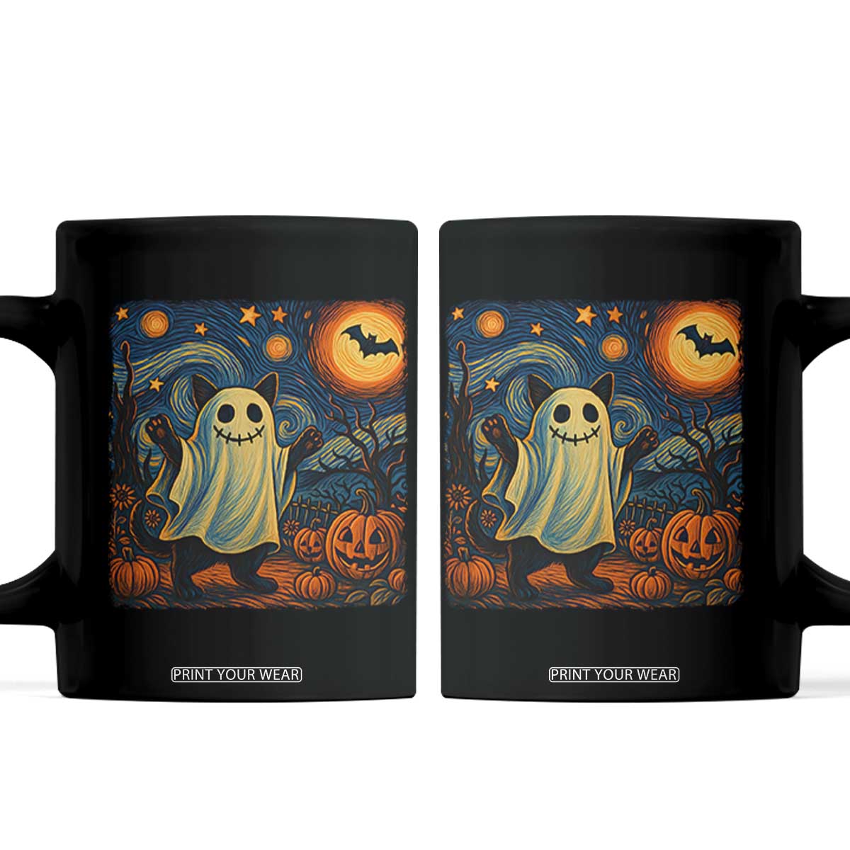 Funny Halloween Ghost Cat Coffee Mug Starry Night Van Gogh Cat Lover Gifts TS10 Black Print Your Wear