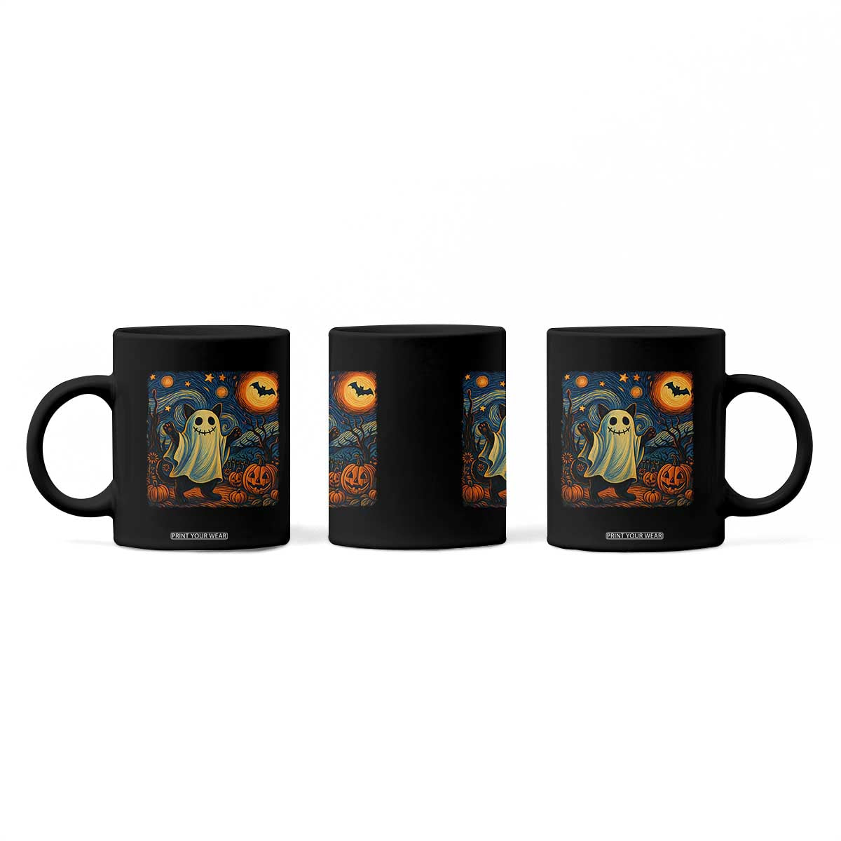 Funny Halloween Ghost Cat Coffee Mug Starry Night Van Gogh Cat Lover Gifts TS10 Print Your Wear