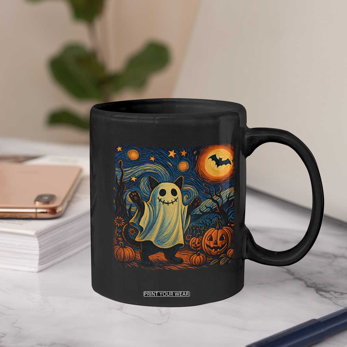 Funny Halloween Ghost Cat Coffee Mug Starry Night Van Gogh Cat Lover Gifts TS10 Print Your Wear
