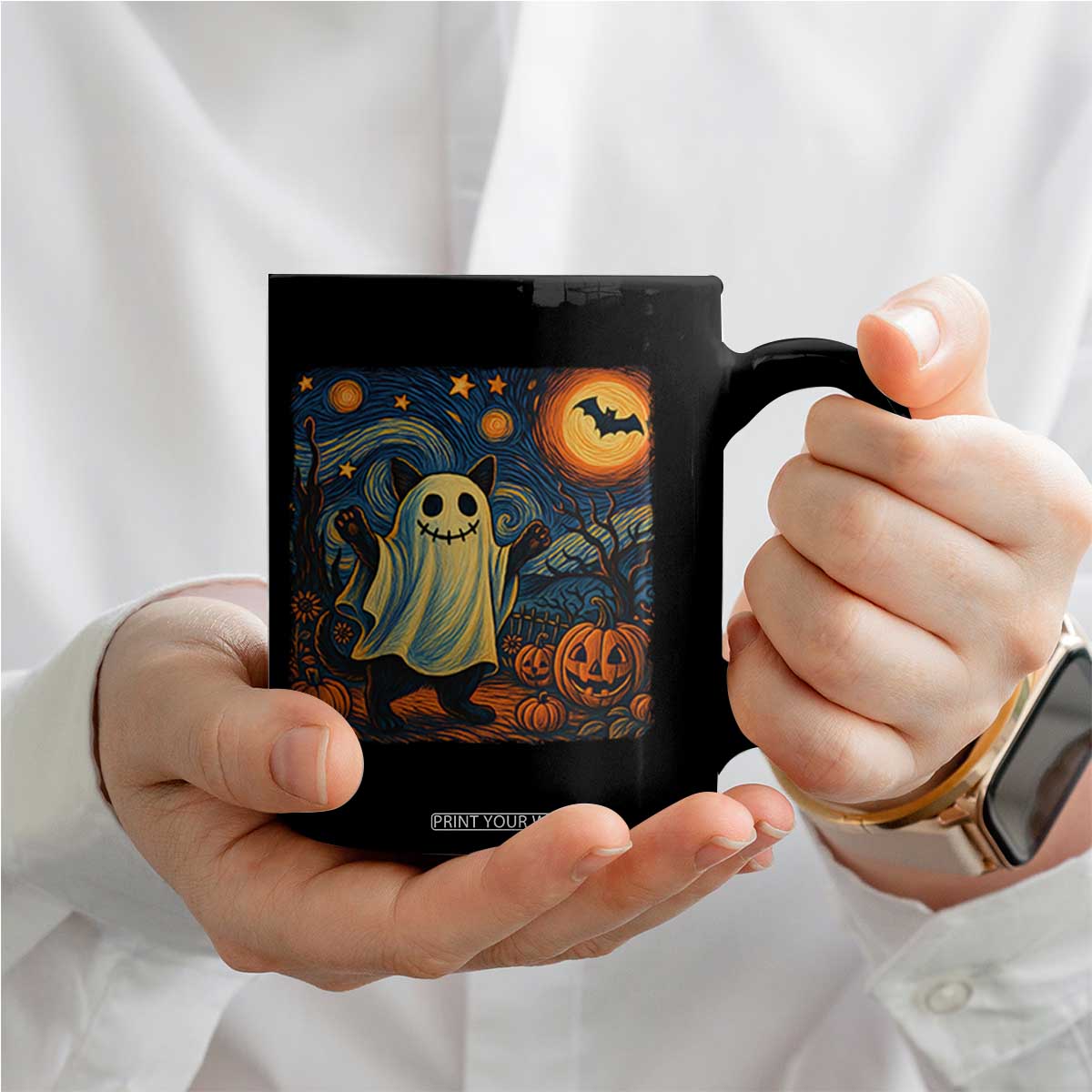 Funny Halloween Ghost Cat Coffee Mug Starry Night Van Gogh Cat Lover Gifts TS10 Print Your Wear