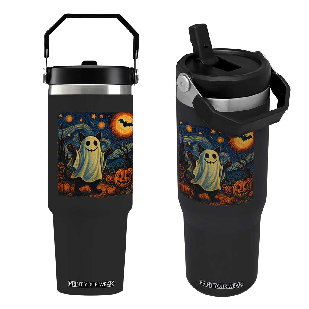 Funny Halloween Ghost Cat Flip Straw Tumbler Starry Night Van Gogh Cat Lover Gifts TS10 One Size: 30 oz Black Print Your Wear