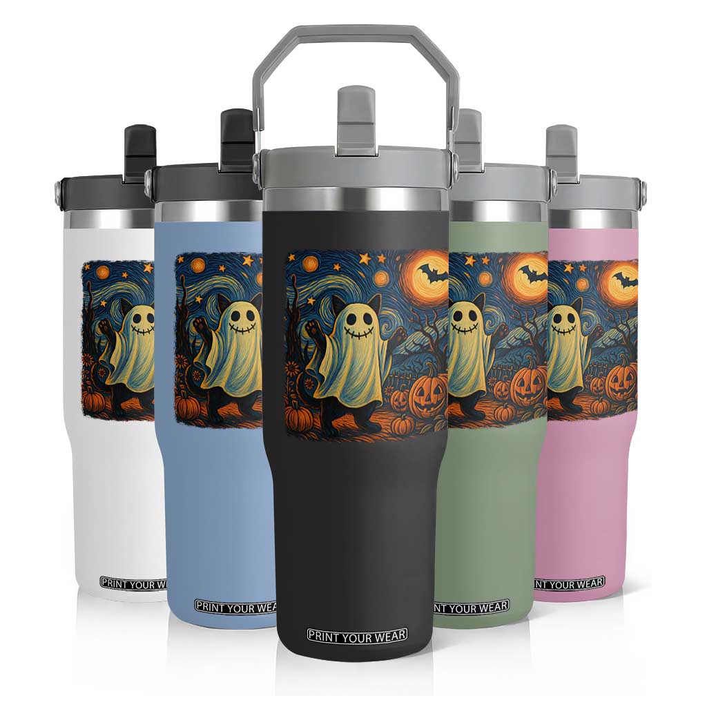 Funny Halloween Ghost Cat Flip Straw Tumbler Starry Night Van Gogh Cat Lover Gifts TS10 Print Your Wear