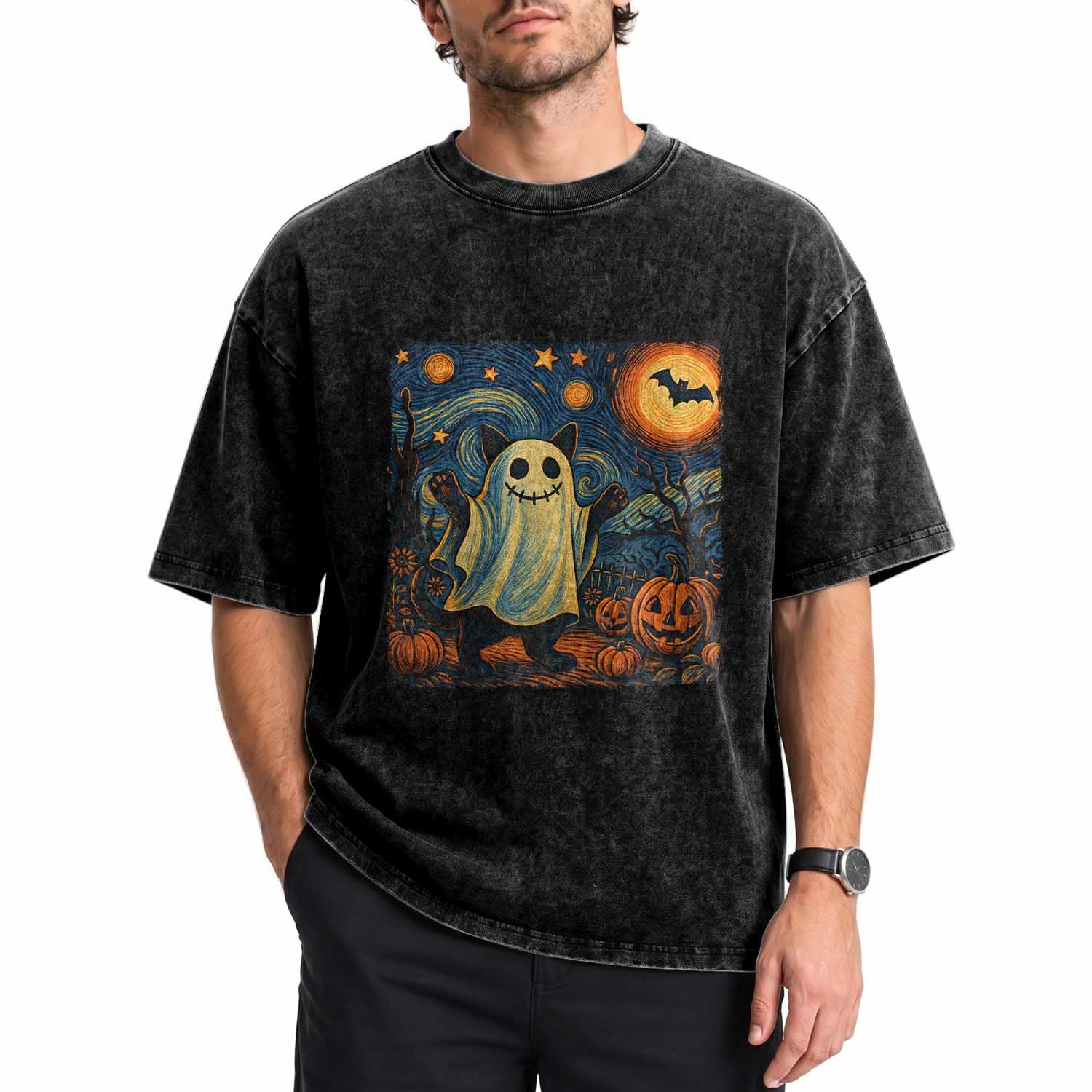 Funny Halloween Ghost Cat Washed Cotton T-Shirt Starry Night Van Gogh Cat Lover Gifts TS10 Print Your Wear