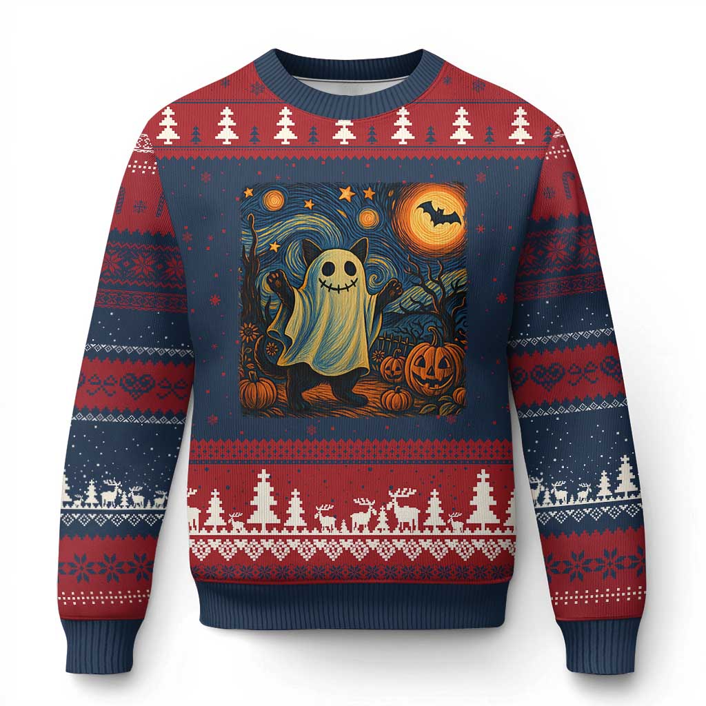 Funny Halloween Ghost Cat Ugly Christmas Sweater Starry Night Van Gogh Cat Lover Gifts TS10 Navy Red Print Your Wear