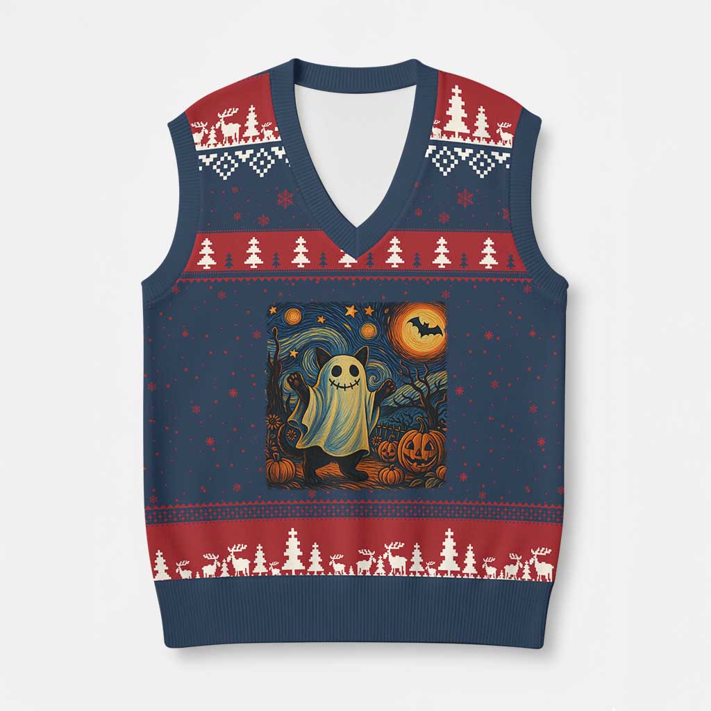 Funny Halloween Ghost Cat V-Neck Knit Sweater Vest Starry Night Van Gogh Cat Lover Gifts TS10 Navy Red Print Your Wear