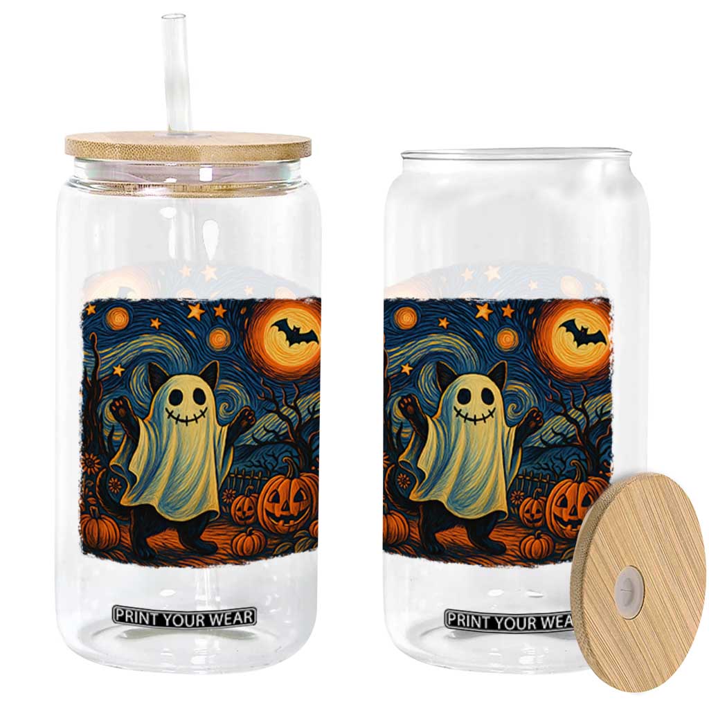 Funny Halloween Ghost Cat Glass Can Starry Night Van Gogh Cat Lover Gifts TS10 Print Your Wear