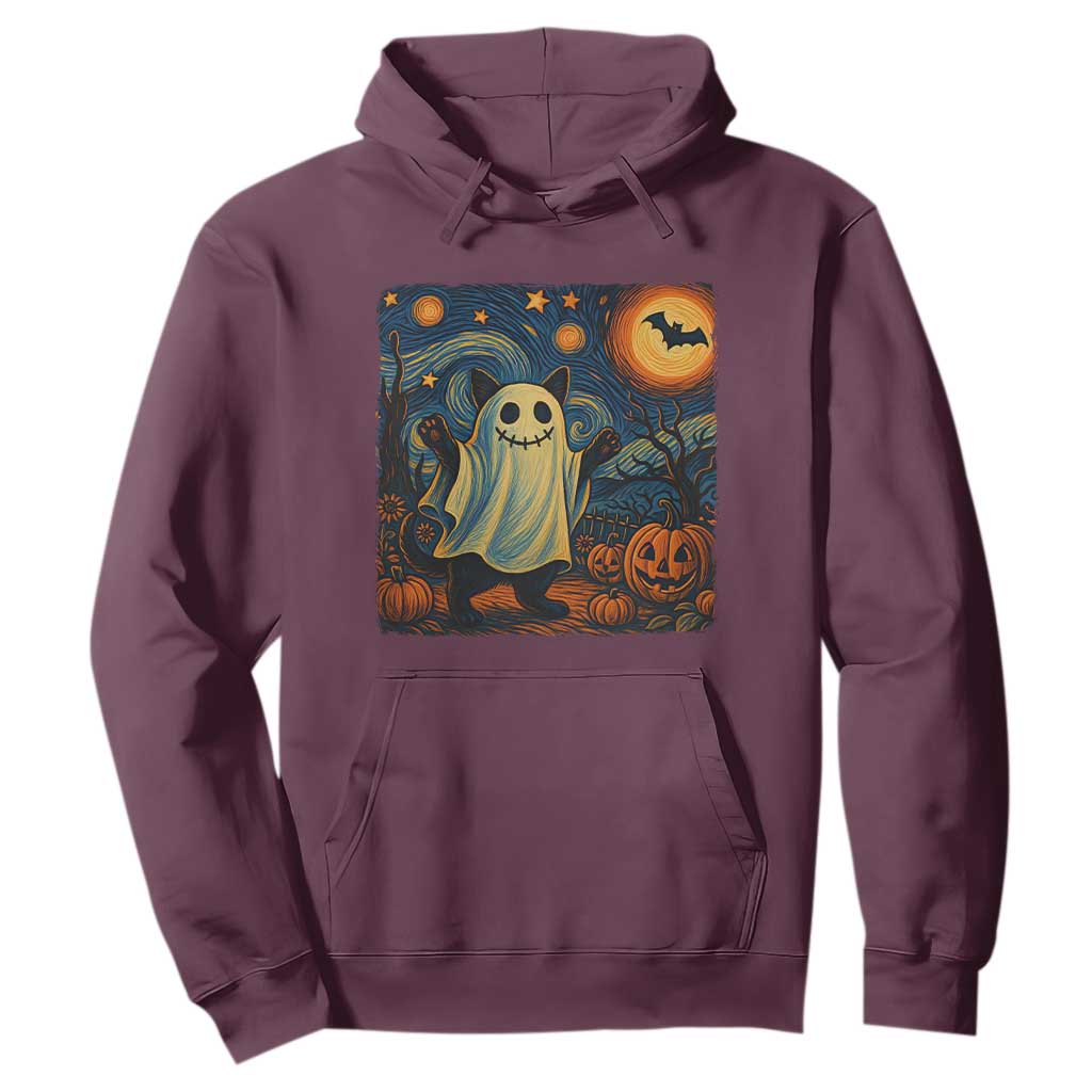 Funny Halloween Ghost Cat Hoodie Starry Night Van Gogh Cat Lover Gifts TS10 Maroon Print Your Wear