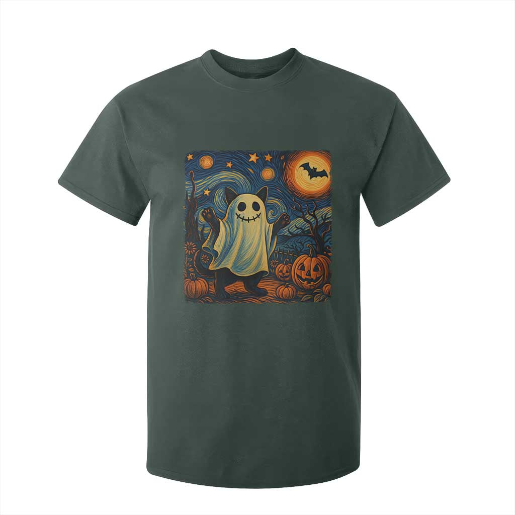 Funny Halloween Ghost Cat T Shirt For Kid Starry Night Van Gogh Cat Lover Gifts TS10 Dark Forest Green Print Your Wear