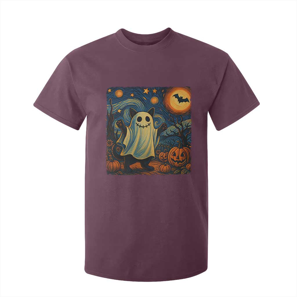 Funny Halloween Ghost Cat T Shirt For Kid Starry Night Van Gogh Cat Lover Gifts TS10 Maroon Print Your Wear