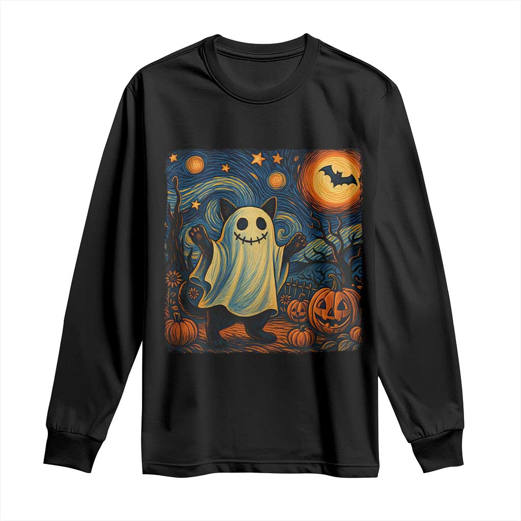 Funny Halloween Ghost Cat Long Sleeve Shirt Starry Night Van Gogh Cat Lover Gifts TS10 Black Print Your Wear