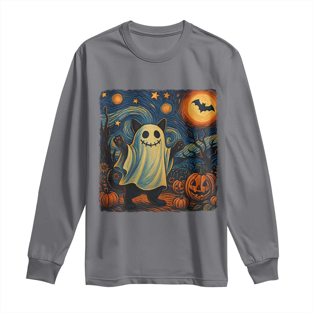 Funny Halloween Ghost Cat Long Sleeve Shirt Starry Night Van Gogh Cat Lover Gifts TS10 Charcoal Print Your Wear