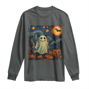 Funny Halloween Ghost Cat Long Sleeve Shirt Starry Night Van Gogh Cat Lover Gifts TS10 Dark Heather Print Your Wear
