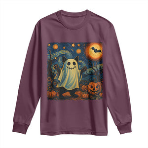 Funny Halloween Ghost Cat Long Sleeve Shirt Starry Night Van Gogh Cat Lover Gifts TS10 Maroon Print Your Wear