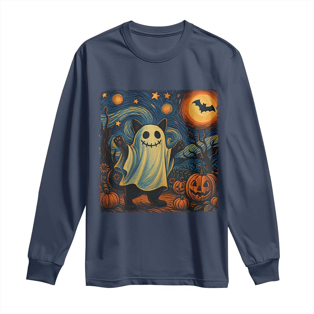 Funny Halloween Ghost Cat Long Sleeve Shirt Starry Night Van Gogh Cat Lover Gifts TS10 Navy Print Your Wear