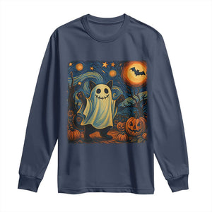 Funny Halloween Ghost Cat Long Sleeve Shirt Starry Night Van Gogh Cat Lover Gifts TS10 Navy Print Your Wear