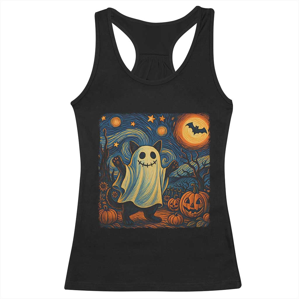 Funny Halloween Ghost Cat Racerback Tank Top Starry Night Van Gogh Cat Lover Gifts TS10 Black Print Your Wear