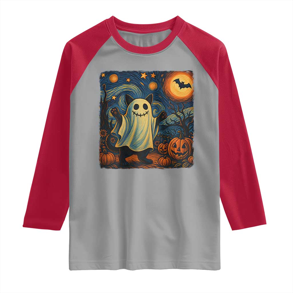 Funny Halloween Ghost Cat Raglan Shirt Starry Night Van Gogh Cat Lover Gifts TS10 Sport Gray Red Print Your Wear