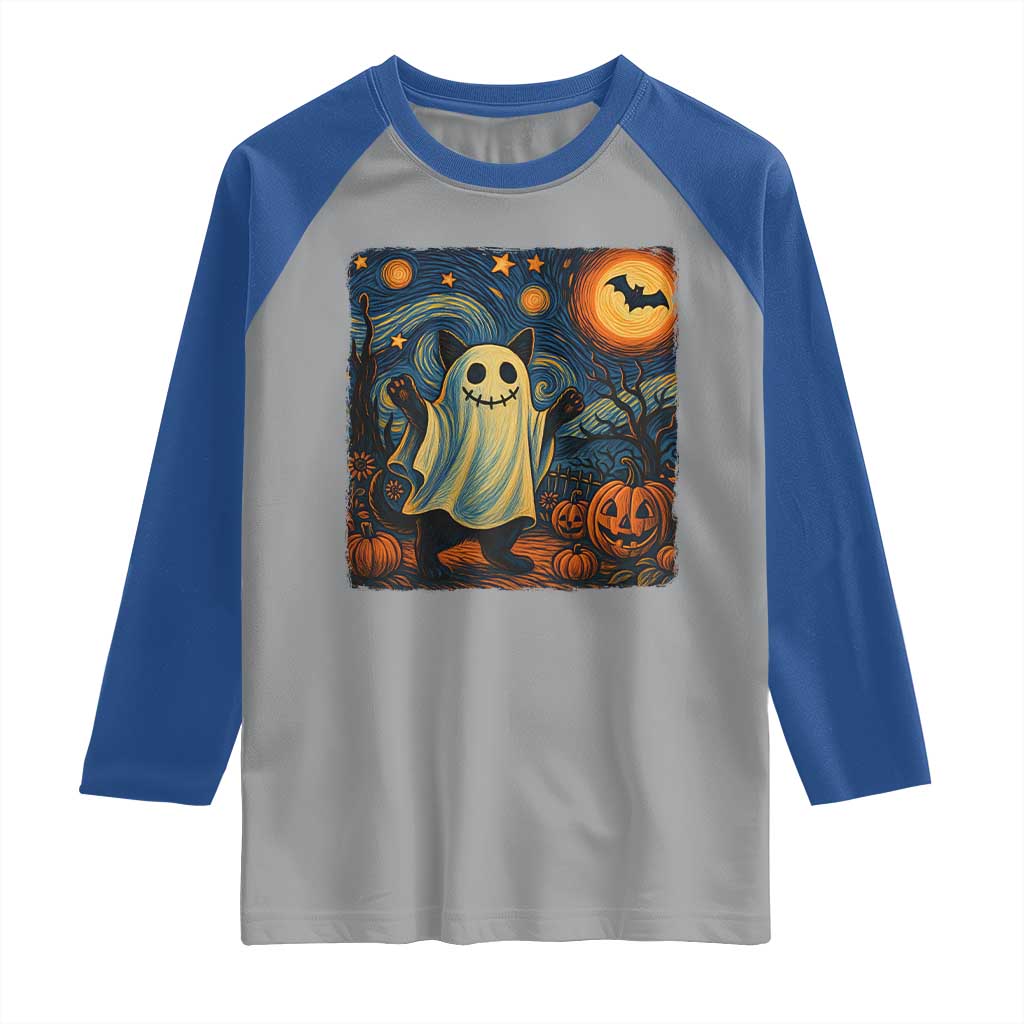 Funny Halloween Ghost Cat Raglan Shirt Starry Night Van Gogh Cat Lover Gifts TS10 Sport Gray Royal Print Your Wear