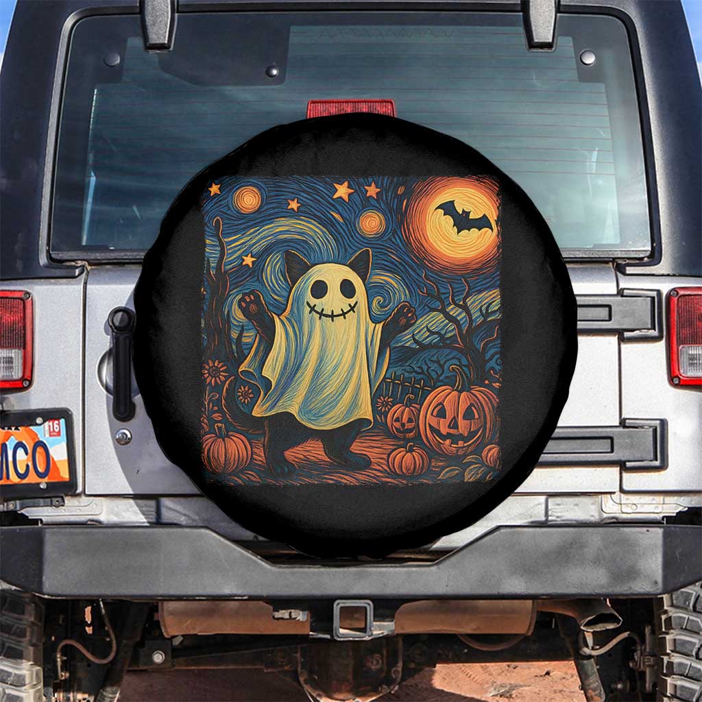 Funny Halloween Ghost Cat Spare Tire Cover Starry Night Van Gogh Cat Lover Gifts TS10 No hole Black Print Your Wear