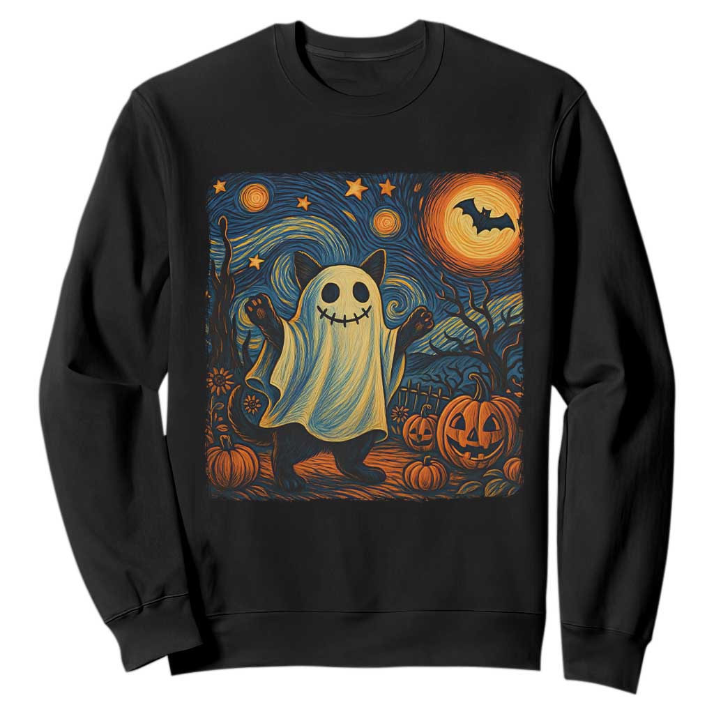 Funny Halloween Ghost Cat Sweatshirt Starry Night Van Gogh Cat Lover Gifts TS10 Black Print Your Wear