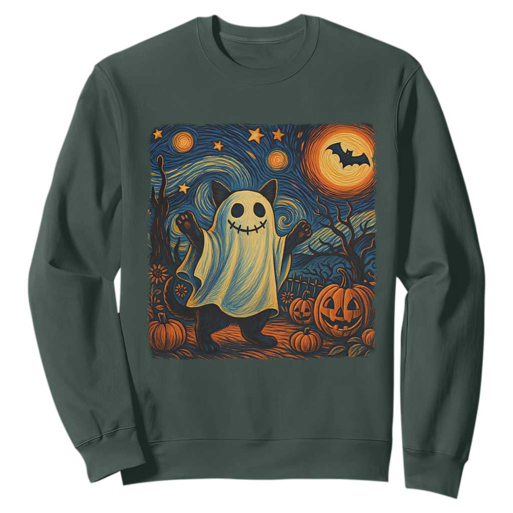 Funny Halloween Ghost Cat Sweatshirt Starry Night Van Gogh Cat Lover Gifts TS10 Dark Forest Green Print Your Wear