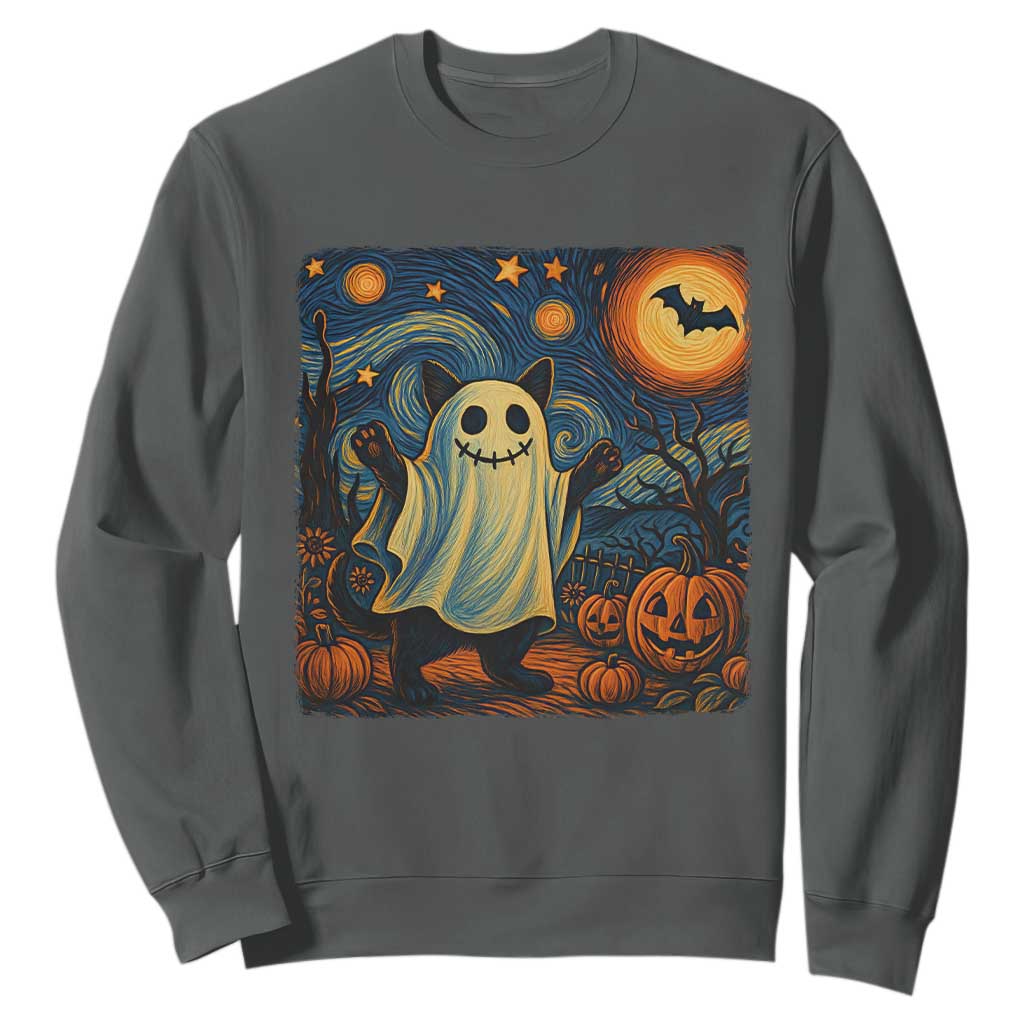 Funny Halloween Ghost Cat Sweatshirt Starry Night Van Gogh Cat Lover Gifts TS10 Dark Heather Print Your Wear