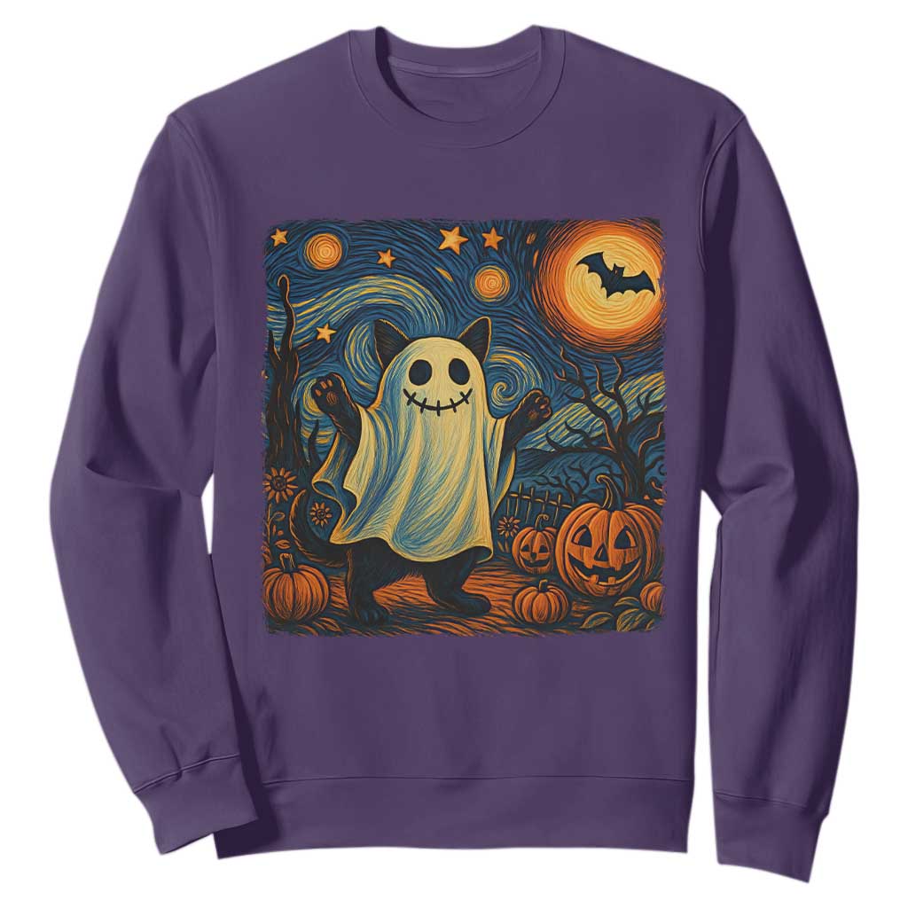 Funny Halloween Ghost Cat Sweatshirt Starry Night Van Gogh Cat Lover Gifts TS10 Purple Print Your Wear