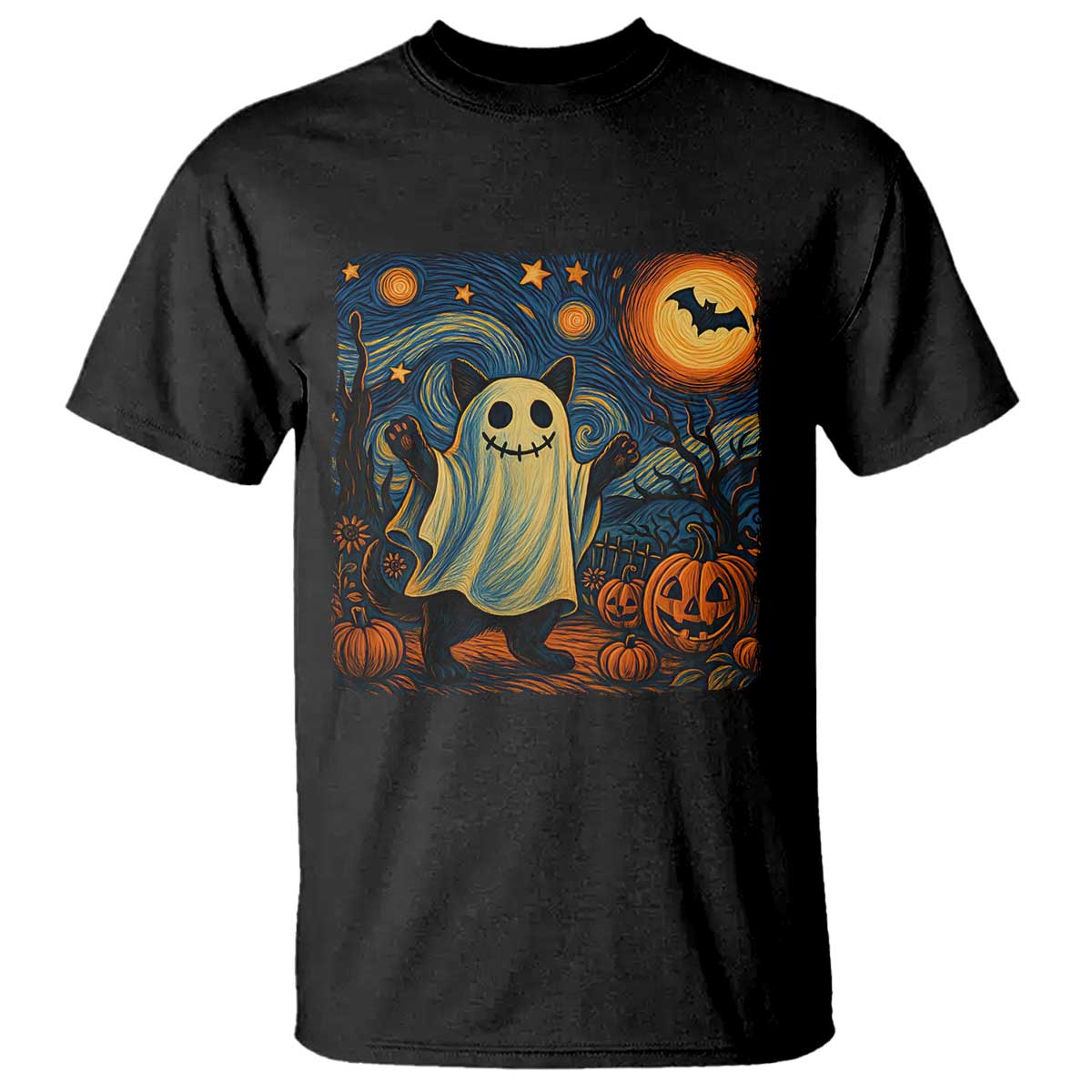 Funny Halloween Ghost Cat T Shirt Starry Night Van Gogh Cat Lover Gifts TS10 Black Print Your Wear