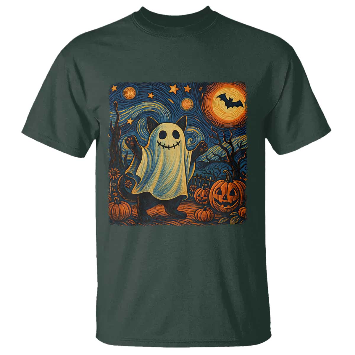 Funny Halloween Ghost Cat T Shirt Starry Night Van Gogh Cat Lover Gifts TS10 Dark Forest Green Print Your Wear