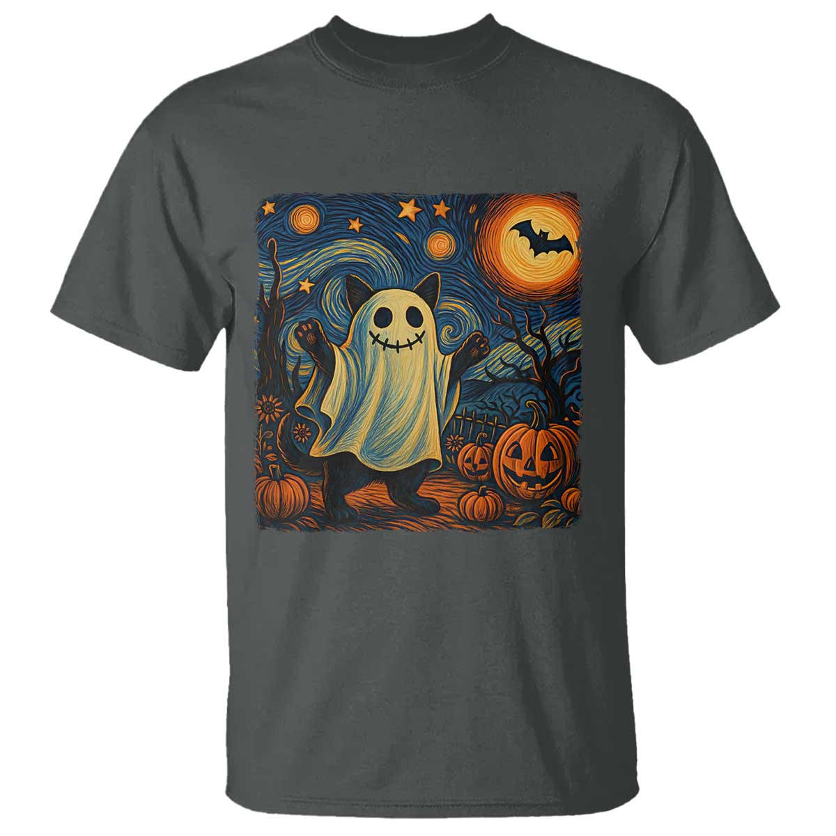 Funny Halloween Ghost Cat T Shirt Starry Night Van Gogh Cat Lover Gifts TS10 Dark Heather Print Your Wear