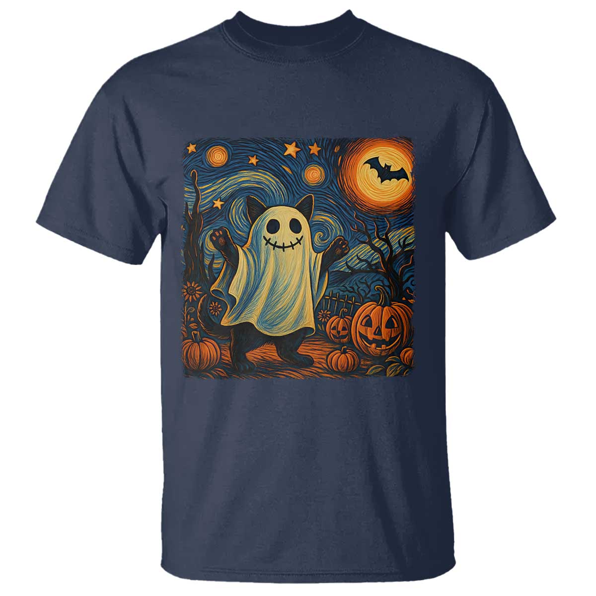 Funny Halloween Ghost Cat T Shirt Starry Night Van Gogh Cat Lover Gifts TS10 Navy Print Your Wear