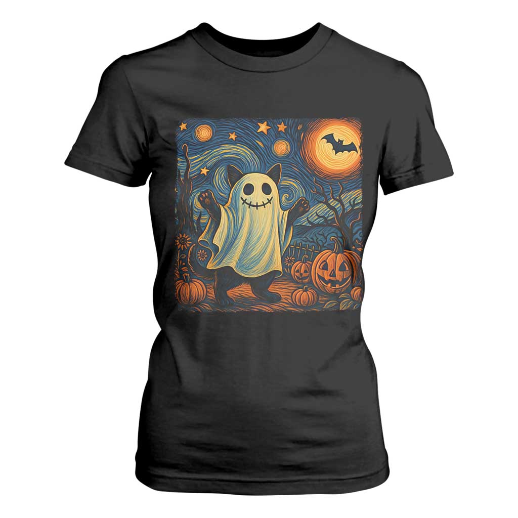 Funny Halloween Ghost Cat T Shirt For Women Starry Night Van Gogh Cat Lover Gifts TS10 Black Print Your Wear