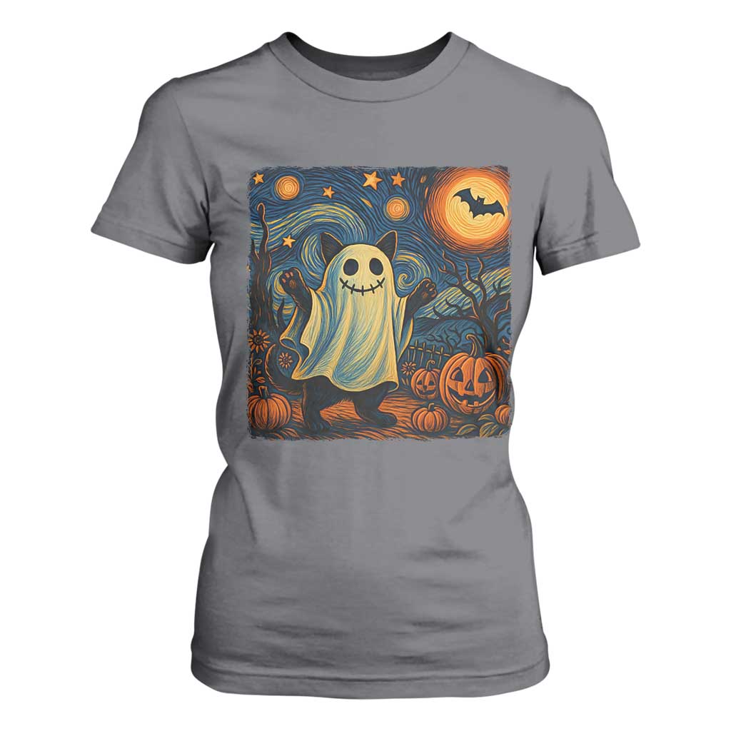 Funny Halloween Ghost Cat T Shirt For Women Starry Night Van Gogh Cat Lover Gifts TS10 Charcoal Print Your Wear
