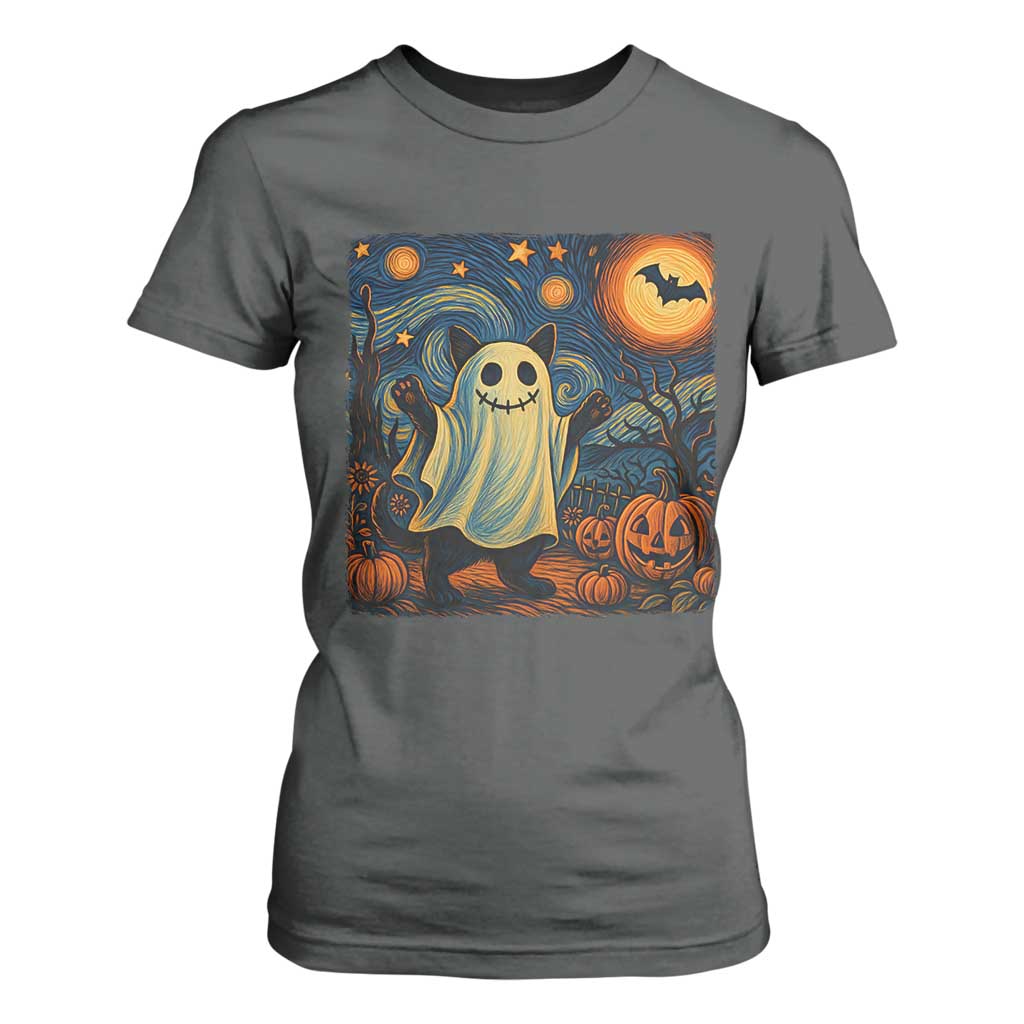 Funny Halloween Ghost Cat T Shirt For Women Starry Night Van Gogh Cat Lover Gifts TS10 Dark Heather Print Your Wear