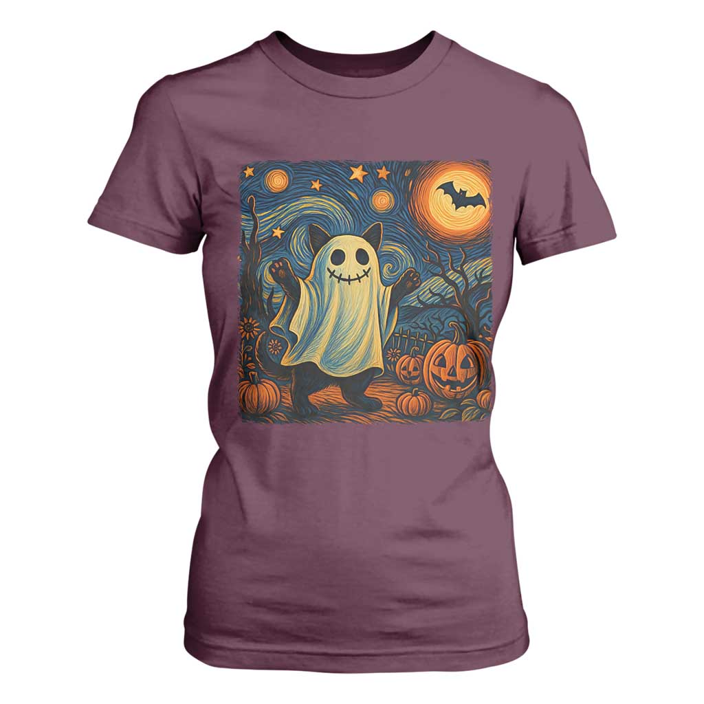 Funny Halloween Ghost Cat T Shirt For Women Starry Night Van Gogh Cat Lover Gifts TS10 Maroon Print Your Wear