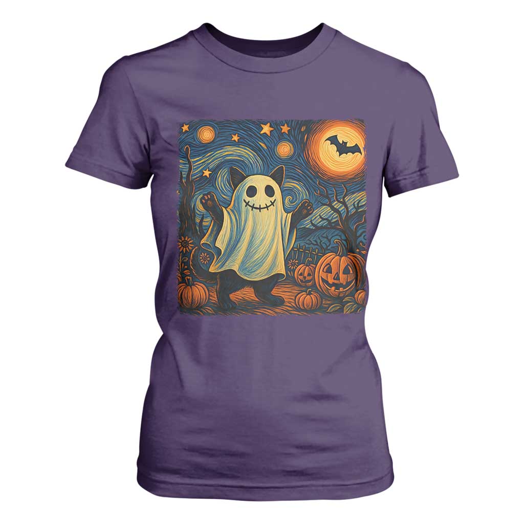 Funny Halloween Ghost Cat T Shirt For Women Starry Night Van Gogh Cat Lover Gifts TS10 Purple Print Your Wear